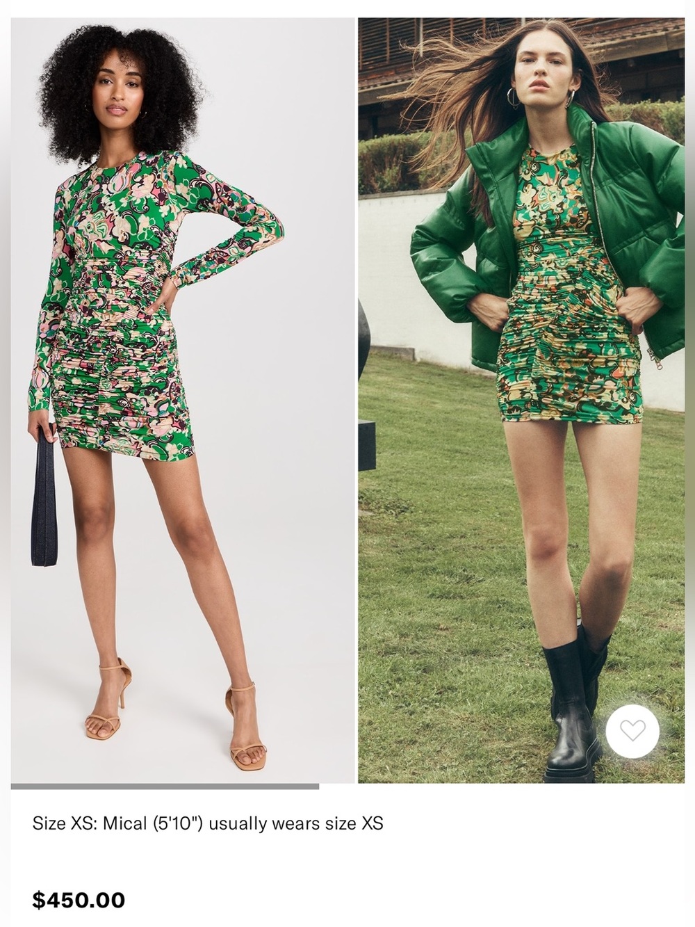 A.L.C. Green Floral Kiki Dress Long-Sleeve Ruched Mini Dress